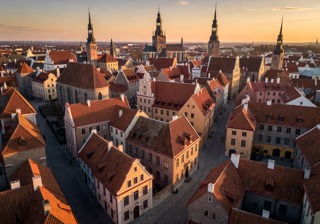 Aerial view of Riga Old Town showing historic buildings, church spires and cobblestone streets