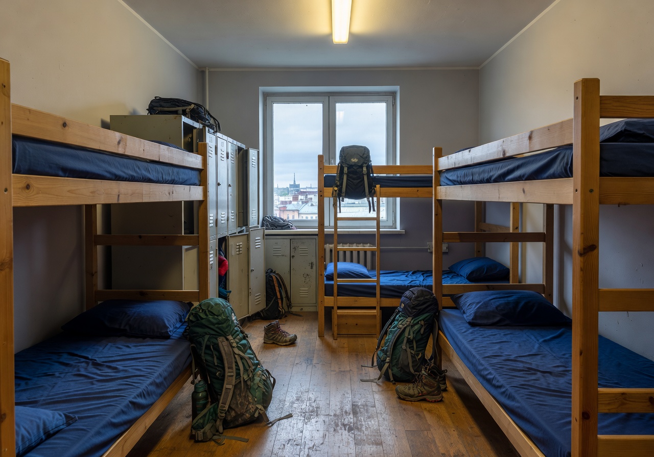 Backpacker Haven Riga dormitory style room with individual lockers and bunk beds