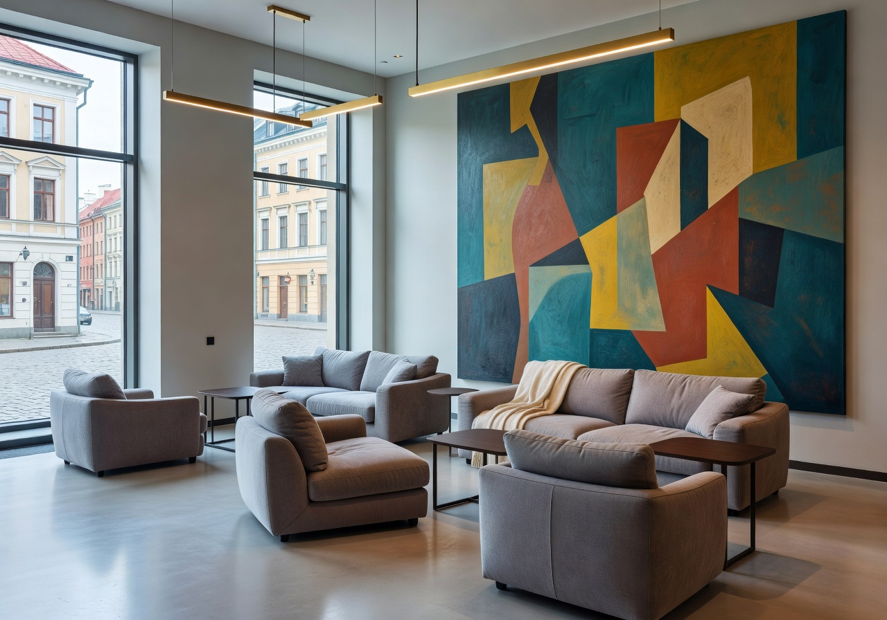 Central Riga Hotel modern minimalist room with city views through large windows