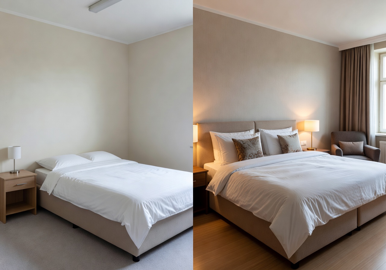Comparison of budget and mid-range hotel room interiors in Riga showing clean simple decor and premium furnishings