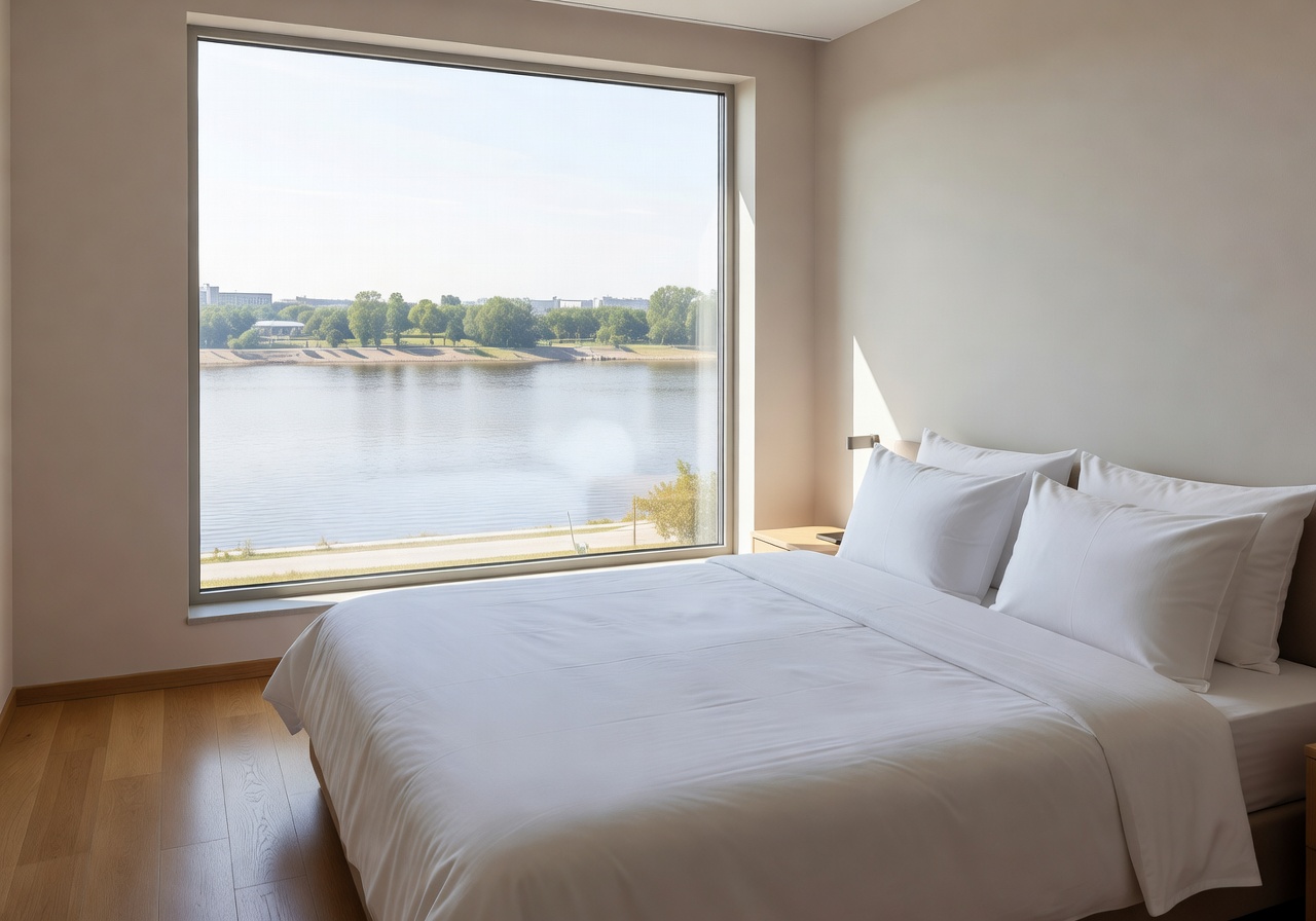 Daugava River View Hotel clean double room with window overlooking the river