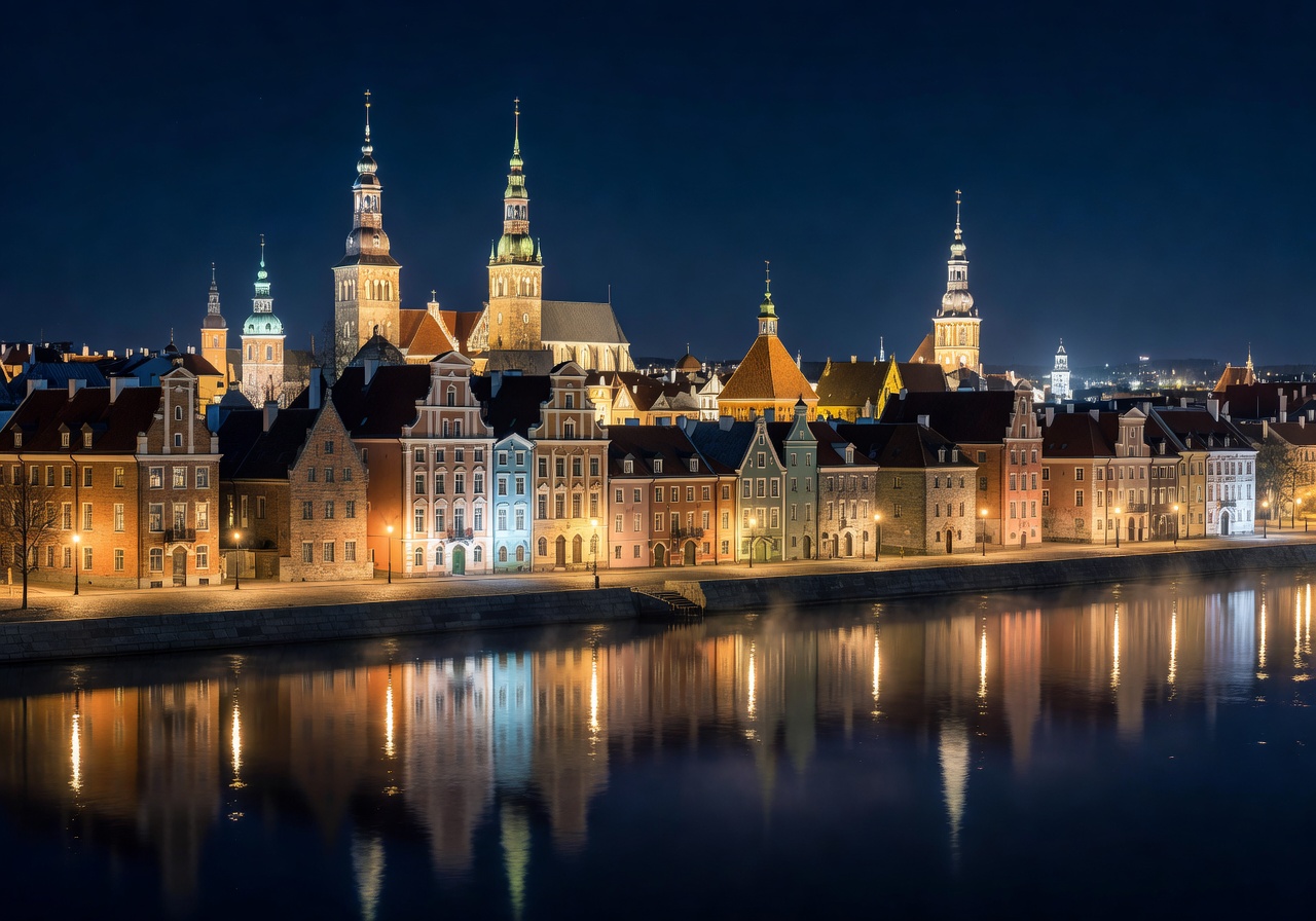 Panoramic view of Riga Old Town at night with illuminated buildings reflecting on the Daugava River