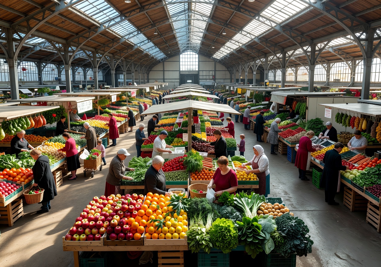 Riga Central Market large indoor market building with fresh produce vendors