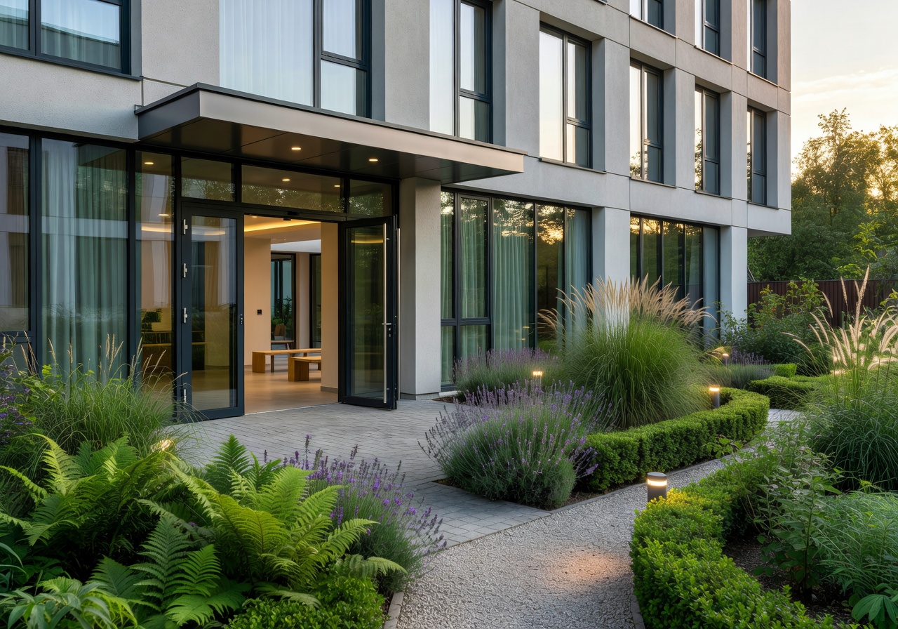 Riga City Budget Hotel exterior showcasing modern architecture with a welcoming entrance and lush garden