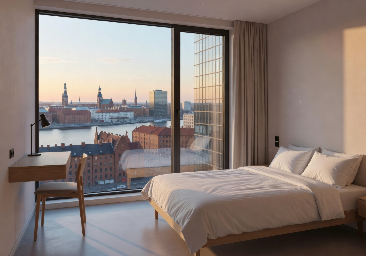 Exterior view of Riga City Budget Hotel with modern facade and garden area