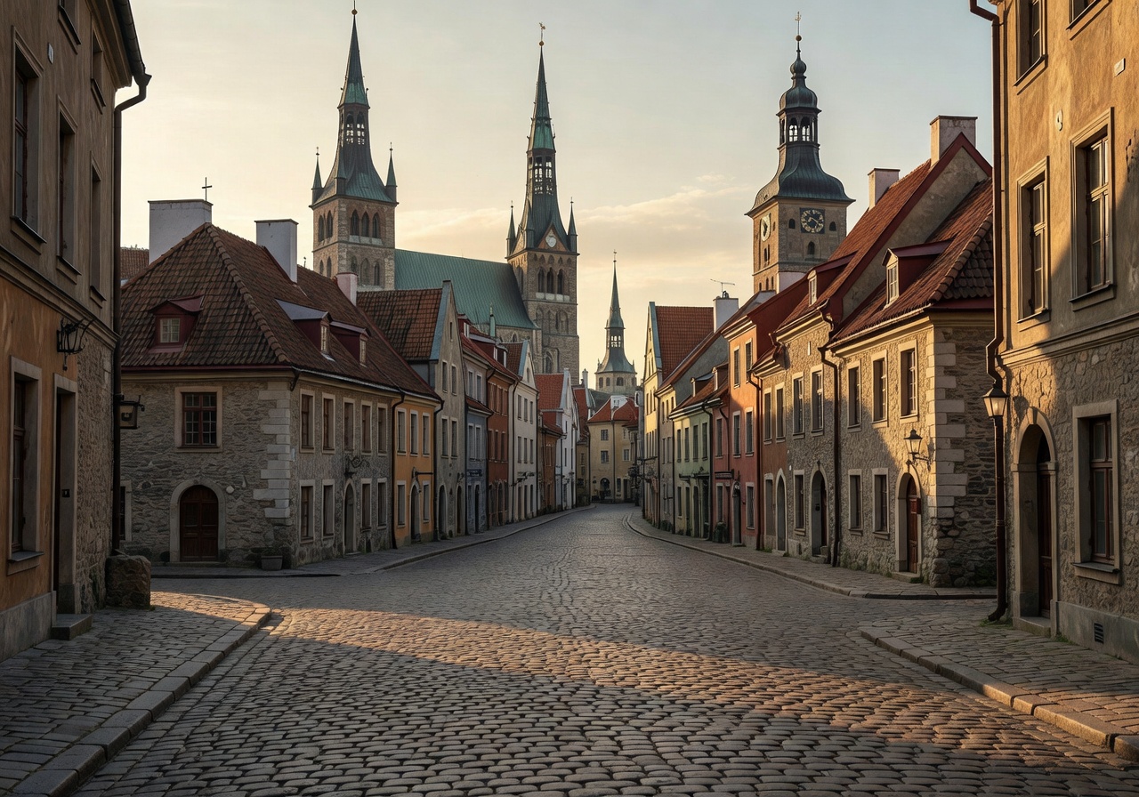 Riga Old Town cobblestone streets with medieval architecture and church steeples