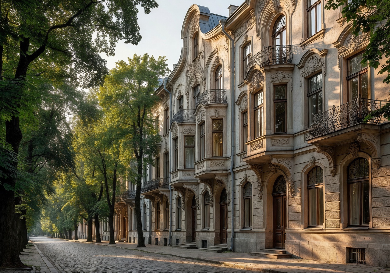 Riga Quiet Centre Art Nouveau building facades along tree-lined boulevard
